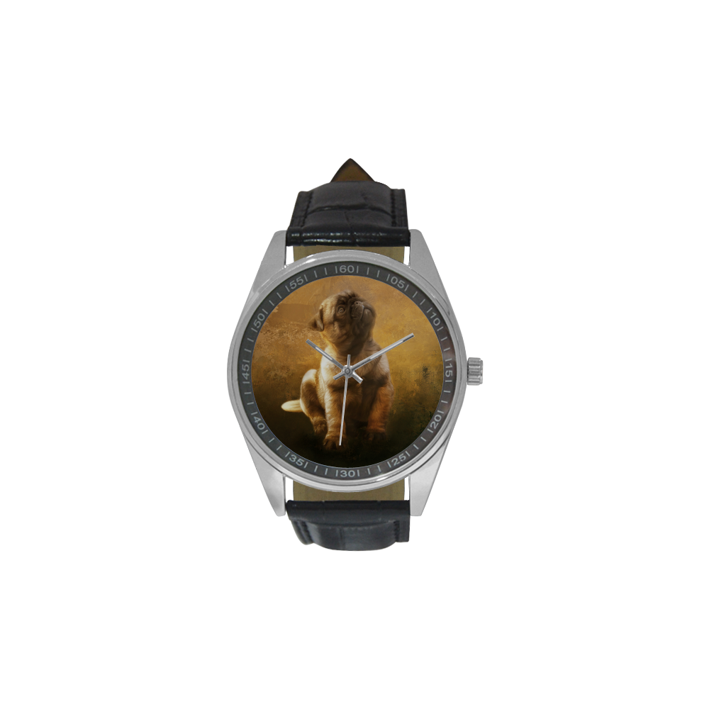 Cute painting pug puppy Men's Casual Leather Strap Watch(Model 211)