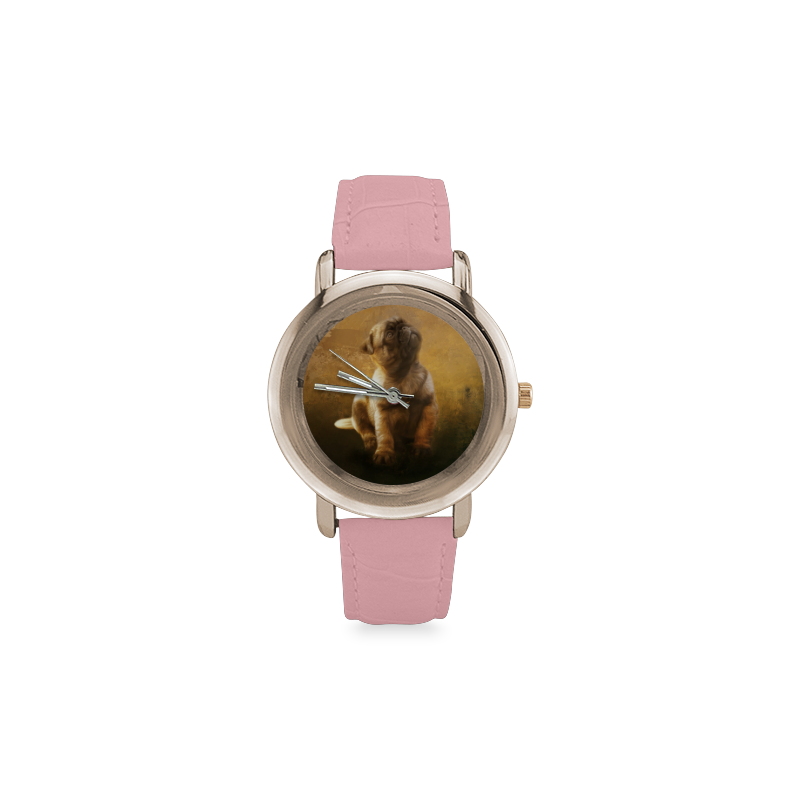 Cute painting pug puppy Women's Rose Gold Leather Strap Watch(Model 201)