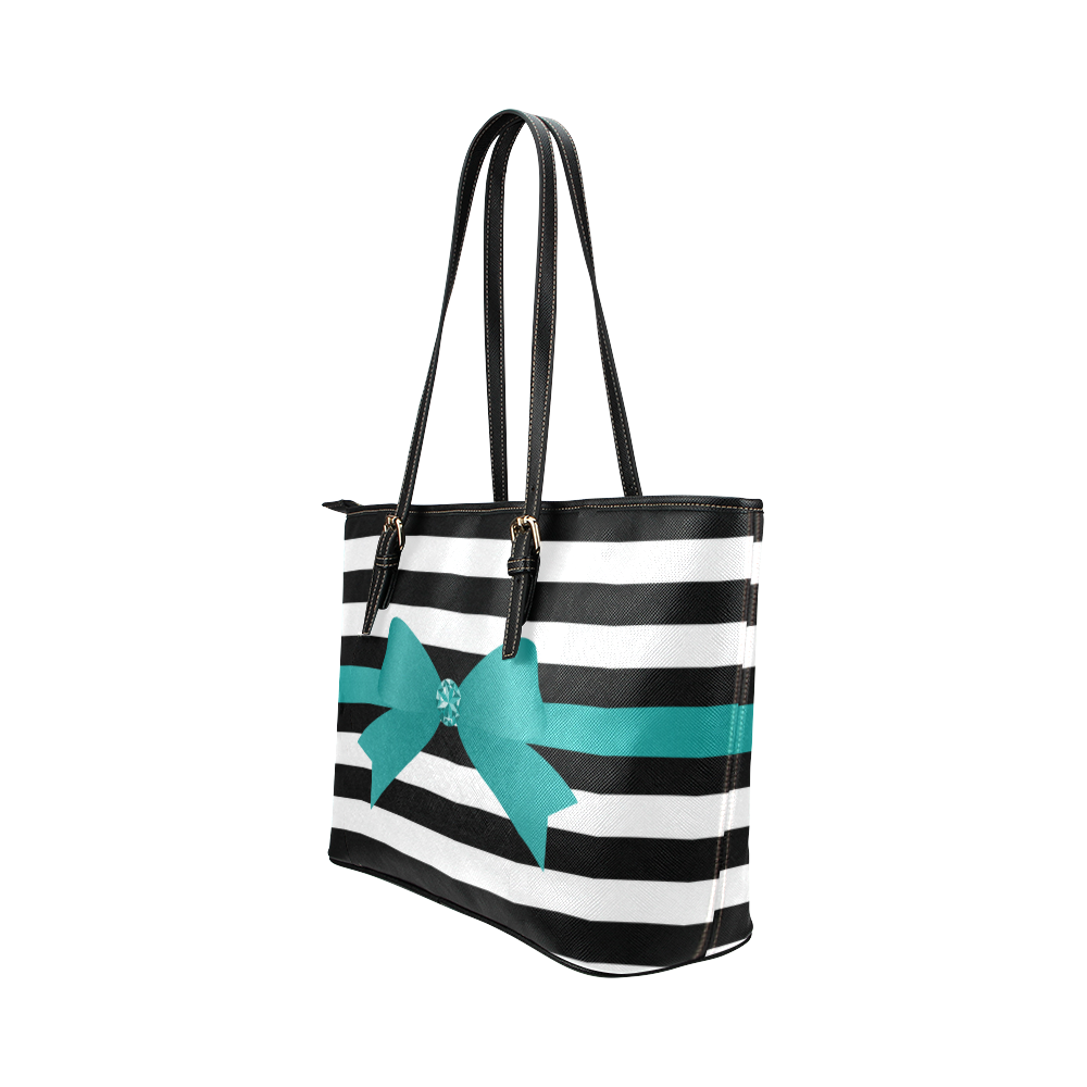 Black White Stripes with Jade Bow Leather Tote Bag/Small (Model 1651)