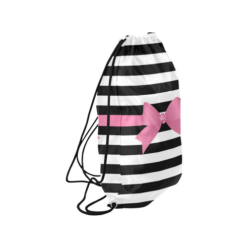 Black White Stripes with Pink Bow Medium Drawstring Bag Model 1604 (Twin Sides) 13.8"(W) * 18.1"(H)