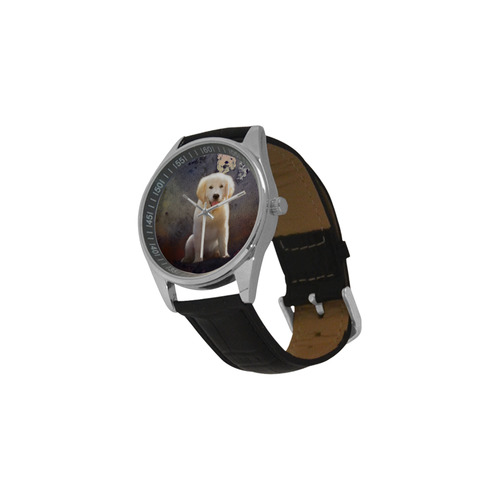 A cute painting golden retriever puppy Men's Casual Leather Strap Watch(Model 211)
