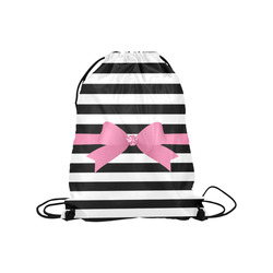 Black White Stripes with Pink Bow Medium Drawstring Bag Model 1604 (Twin Sides) 13.8"(W) * 18.1"(H)