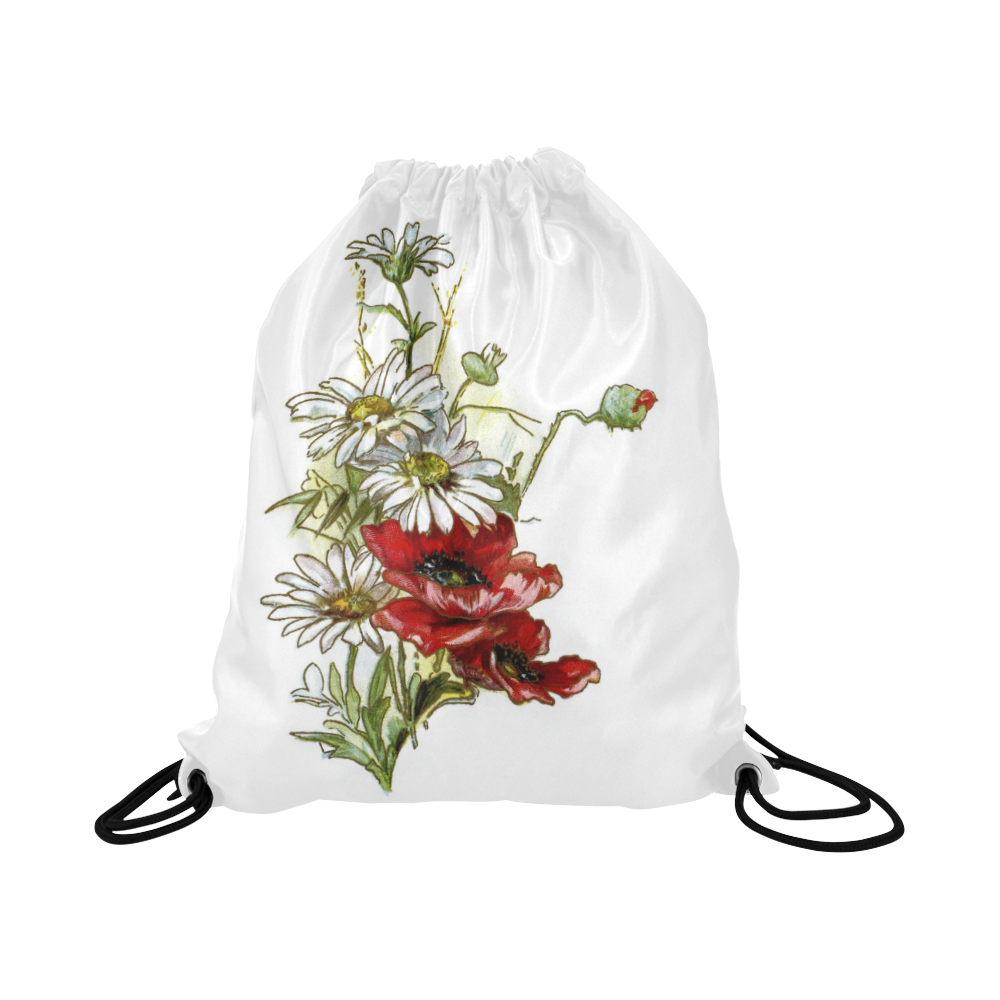 Vintage Floral Daisies Poppies Large Drawstring Bag Model 1604 (Twin Sides)  16.5"(W) * 19.3"(H)