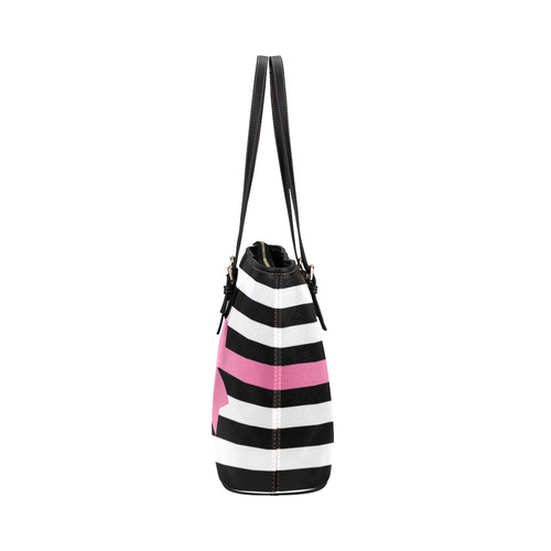 Black White Stripes with Pink Bow Leather Tote Bag/Small (Model 1651)