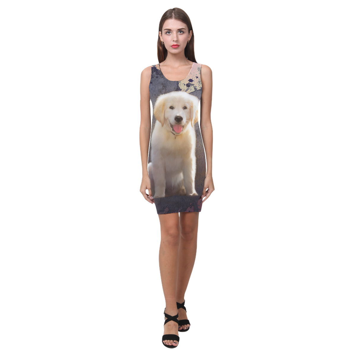 A cute painting golden retriever puppy Medea Vest Dress (Model D06)