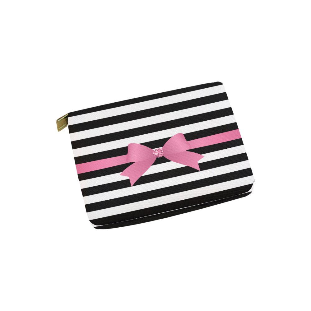 Black White Stripes with Pink Bow Carry-All Pouch 6''x5''