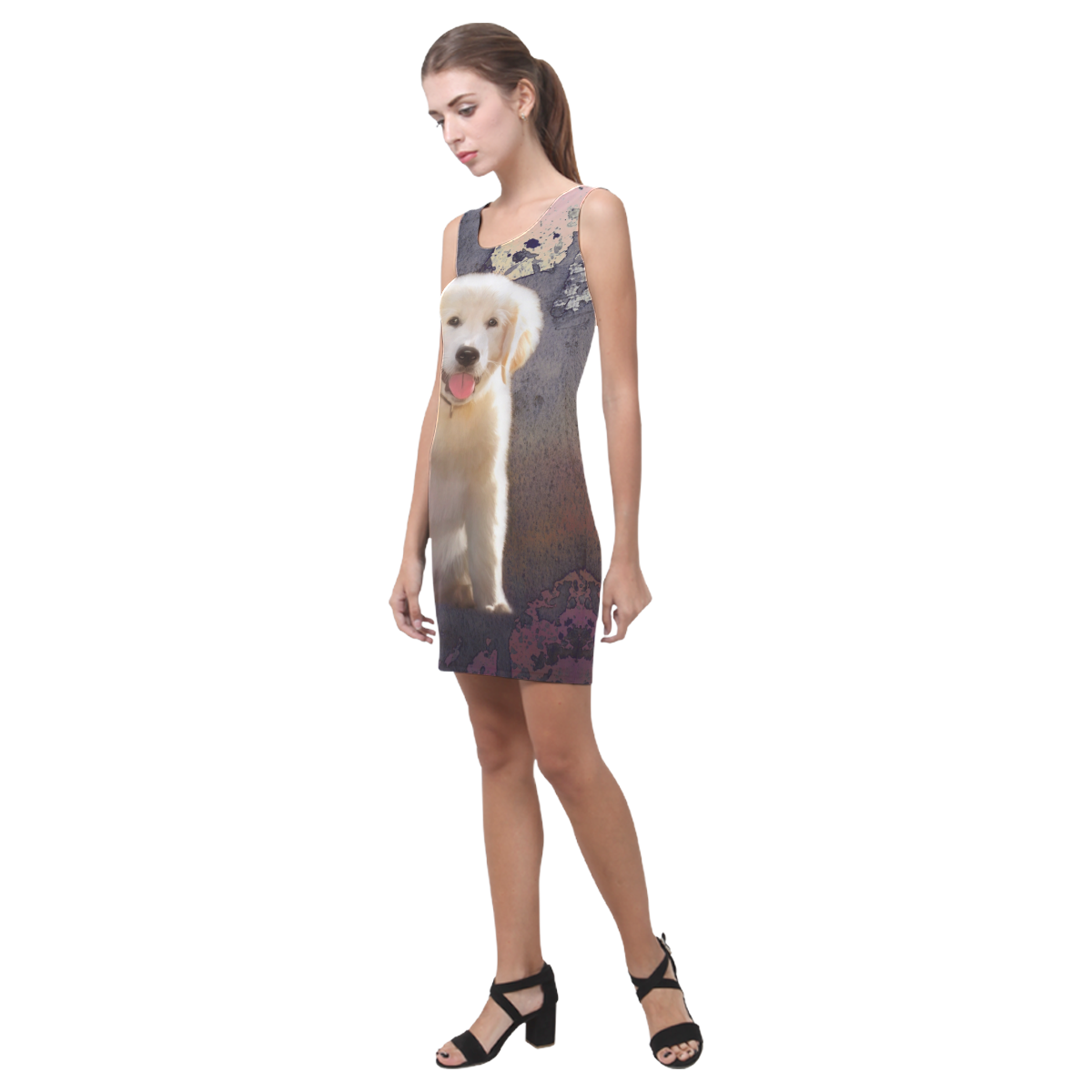 A cute painting golden retriever puppy Medea Vest Dress (Model D06)