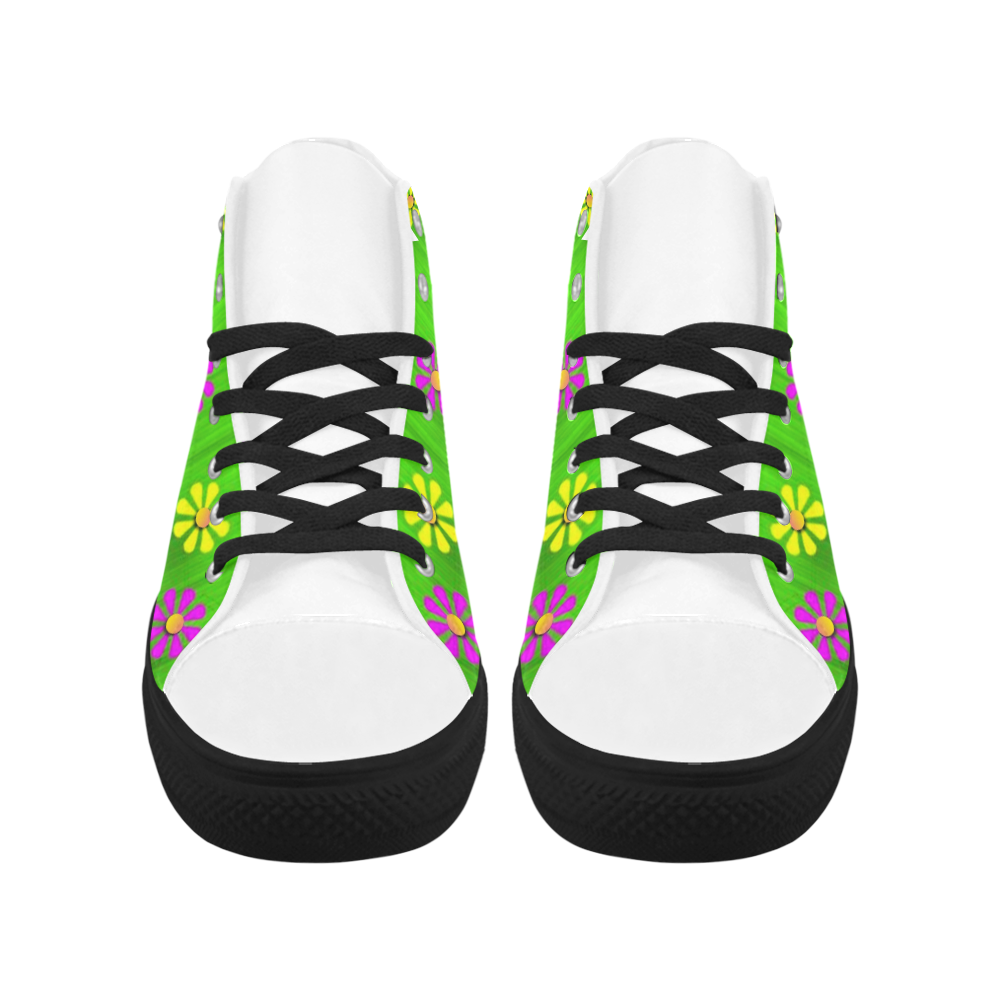 flower print on green Aquila High Top Microfiber Leather Women's Shoes (Model 032)