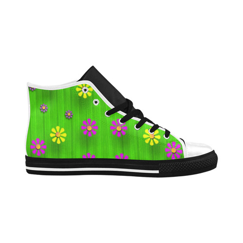 flower print on green Aquila High Top Microfiber Leather Women's Shoes (Model 032)