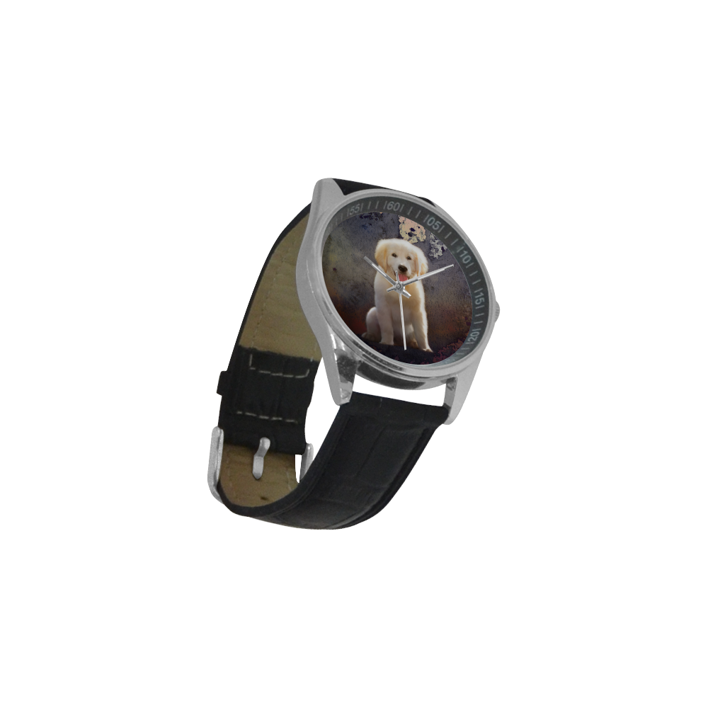 A cute painting golden retriever puppy Men's Casual Leather Strap Watch(Model 211)