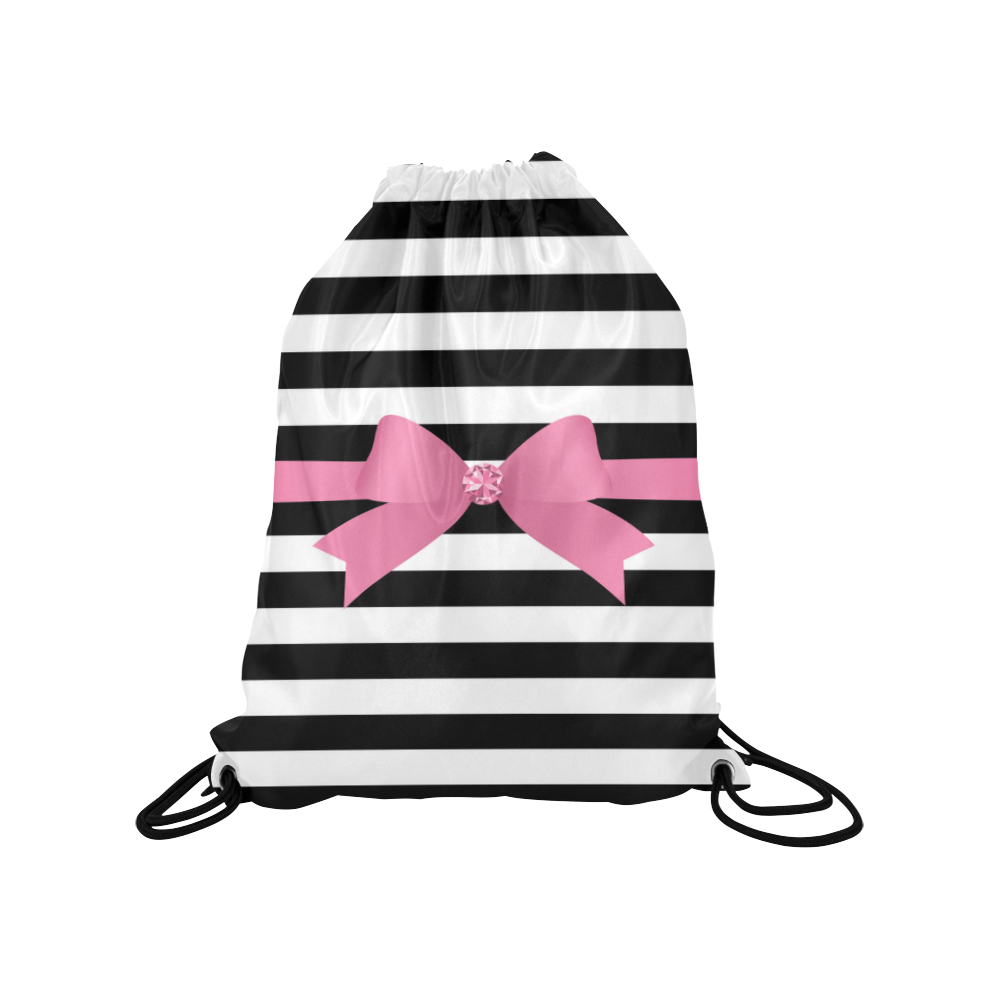 Black White Stripes with Pink Bow Medium Drawstring Bag Model 1604 (Twin Sides) 13.8"(W) * 18.1"(H)