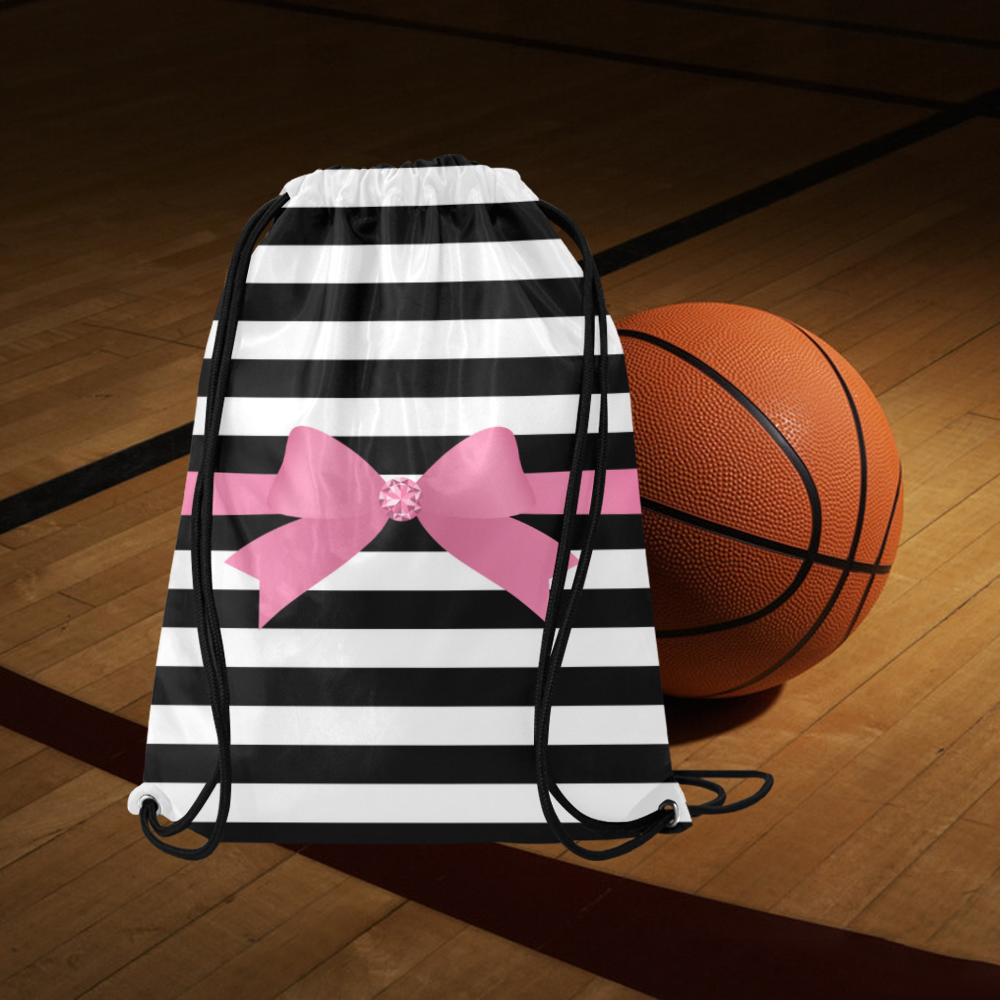 Black White Stripes with Pink Bow Medium Drawstring Bag Model 1604 (Twin Sides) 13.8"(W) * 18.1"(H)