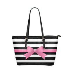 Black White Stripes with Pink Bow Leather Tote Bag/Small (Model 1651)