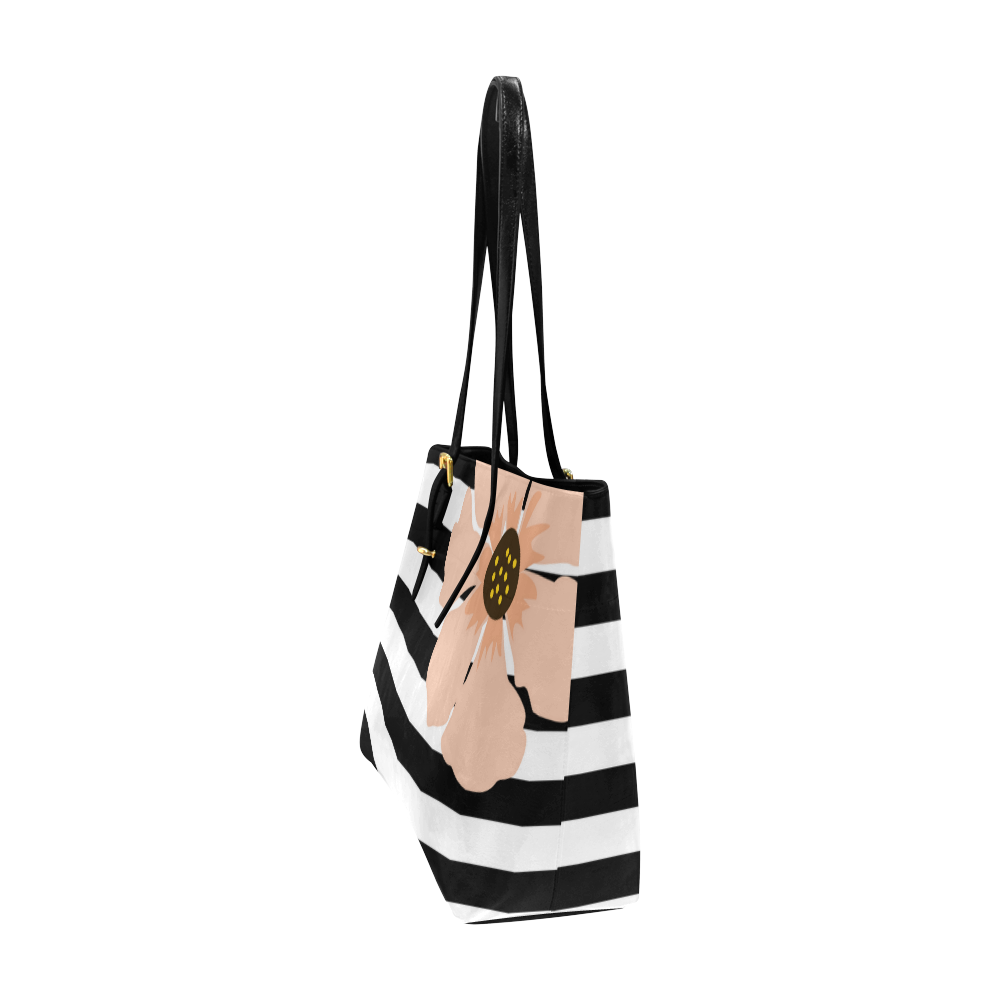 Black White Stripes with Peach Brown Flower Euramerican Tote Bag/Large (Model 1656)