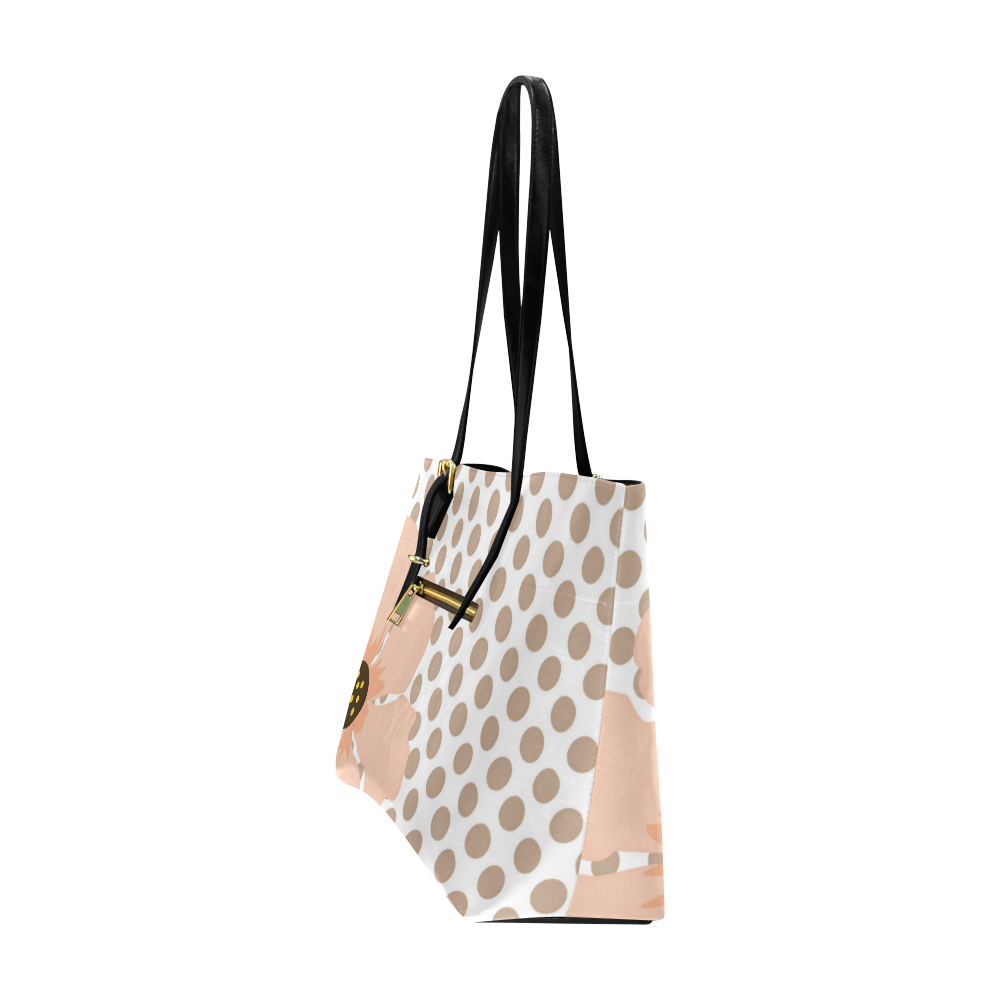 Brown White Polka Dots with Peach Flower Euramerican Tote Bag/Large (Model 1656)