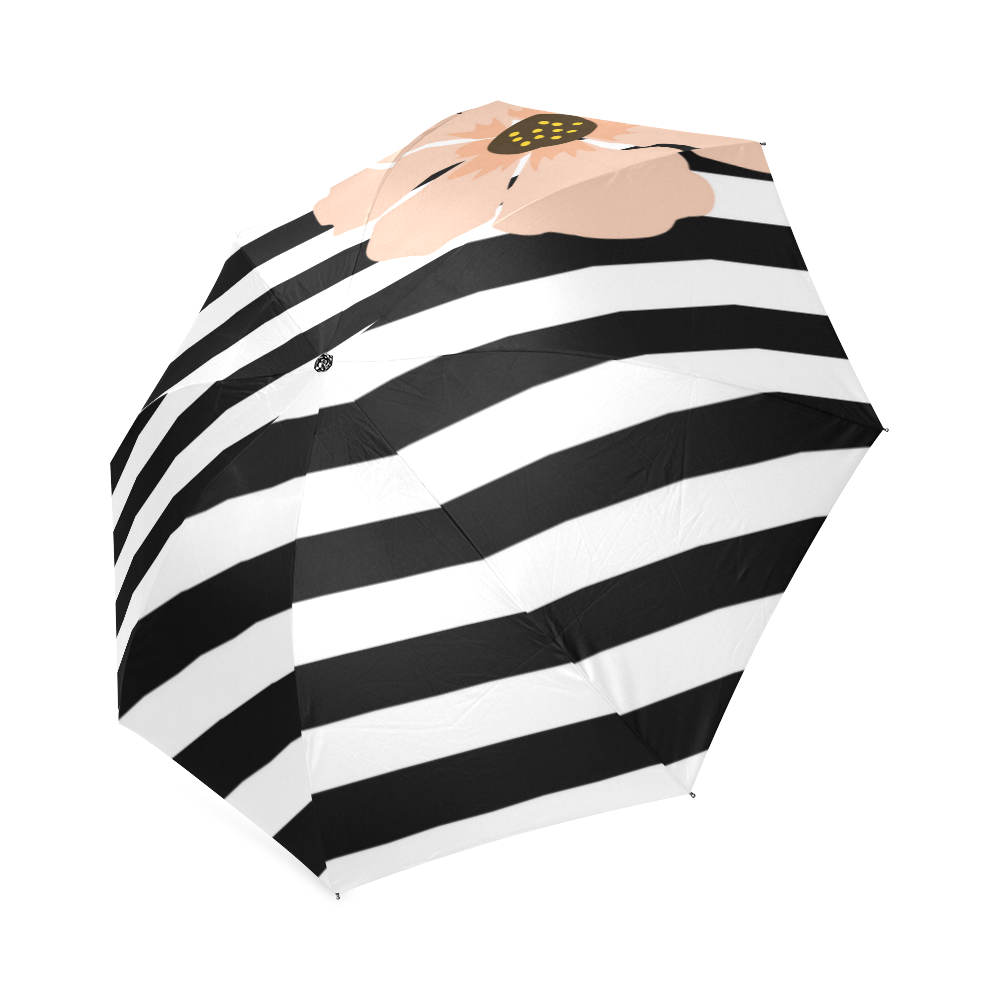 Black White Stripes with Peach Brown Flower Foldable Umbrella (Model U01)