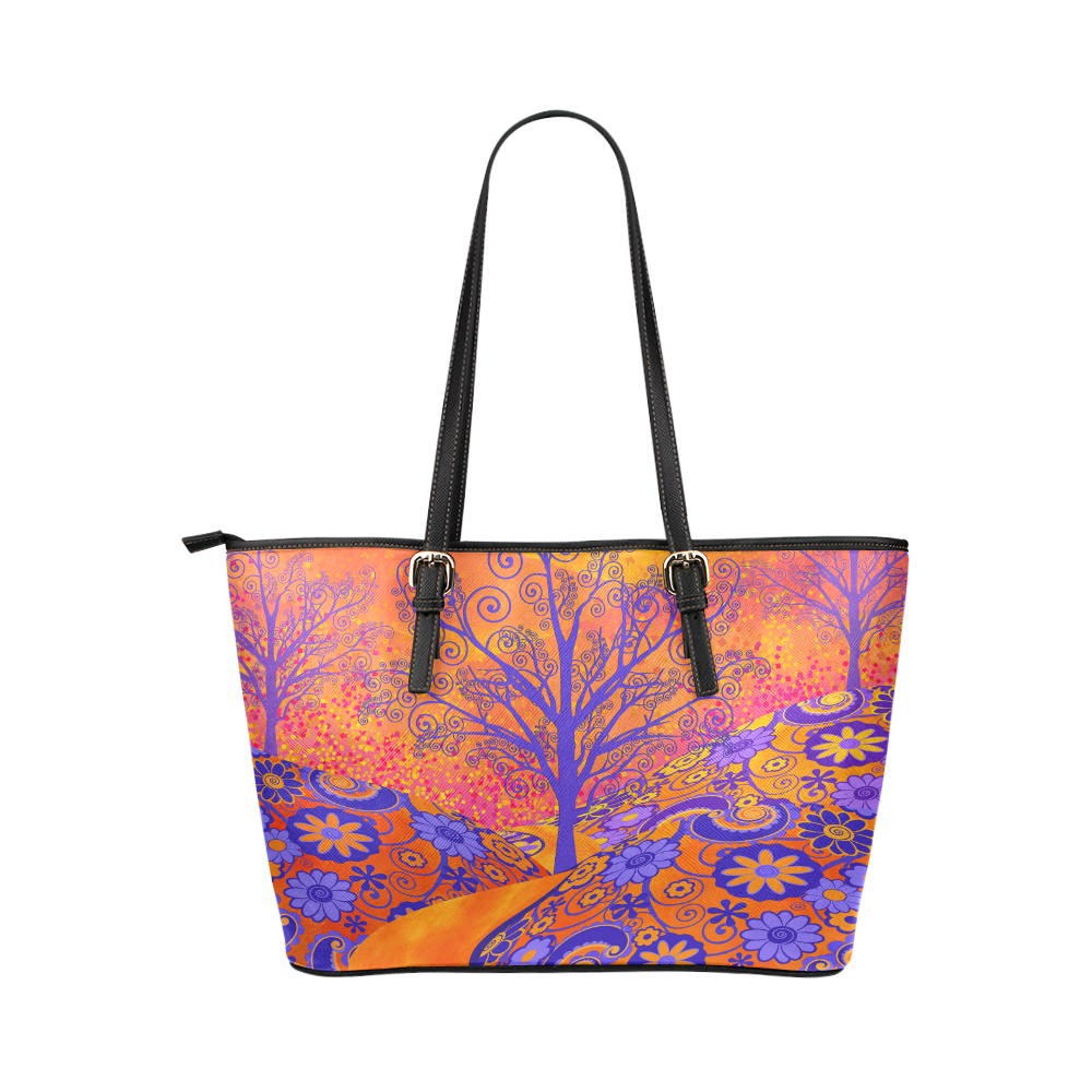 Juleez Sunset Park Flowers Colorful Print Leather Handbag Leather Tote Bag/Large (Model 1651)
