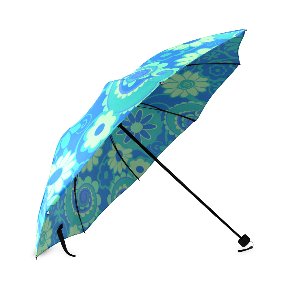 Blue Green Swirl Flower Print Umbrella Foldable Umbrella (Model U01)