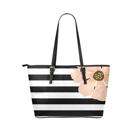 Black White Stripes with Peach Brown Flower Leather Tote Bag/Small (Model 1651)