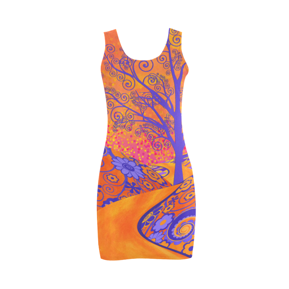 Sunset Park Tree Flowers Colorful coral Summer Print Dress by Juleez Medea Vest Dress (Model D06)