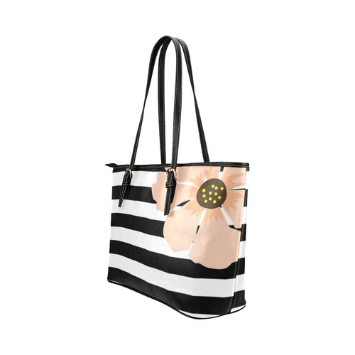Black White Stripes with Peach Brown Flower Leather Tote Bag/Small (Model 1651)