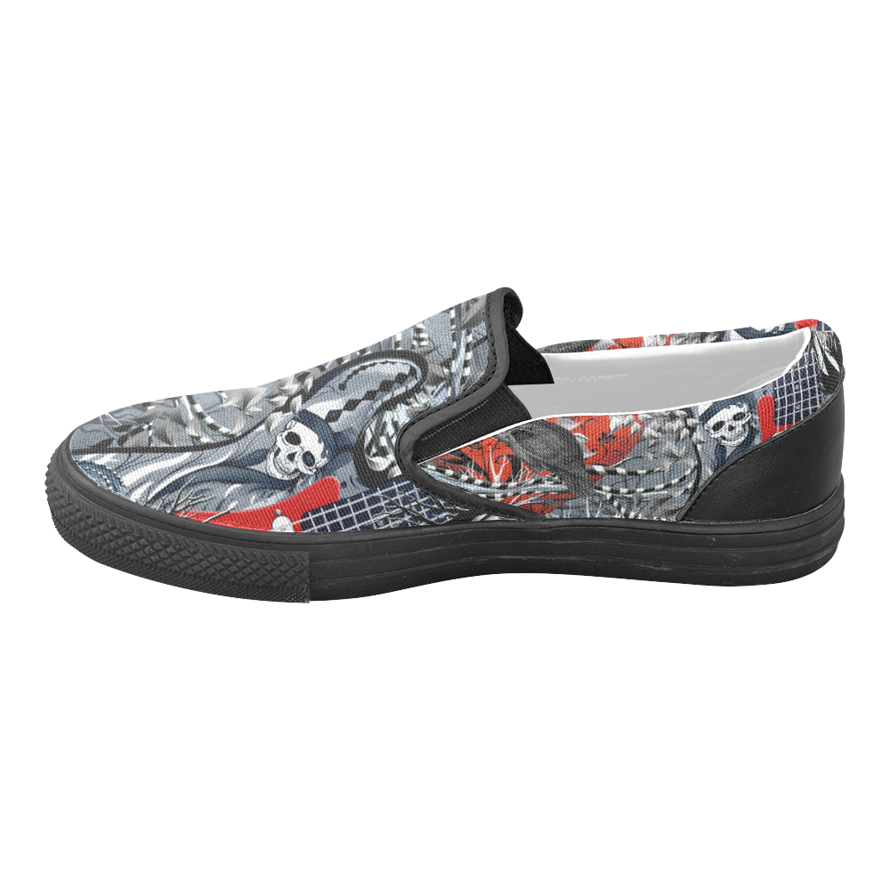 Skull Raven Strat Guitar Print Sneaker Slip-on Canvas Shoes for Men/Large Size (Model 019)