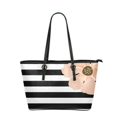 Black White Stripes with Peach Brown Flower Leather Tote Bag/Small (Model 1651)
