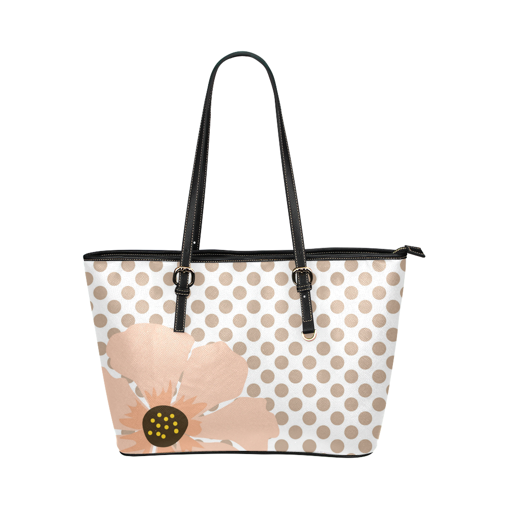 Brown White Polka Dots with Peach Flower Leather Tote Bag/Small (Model 1651)