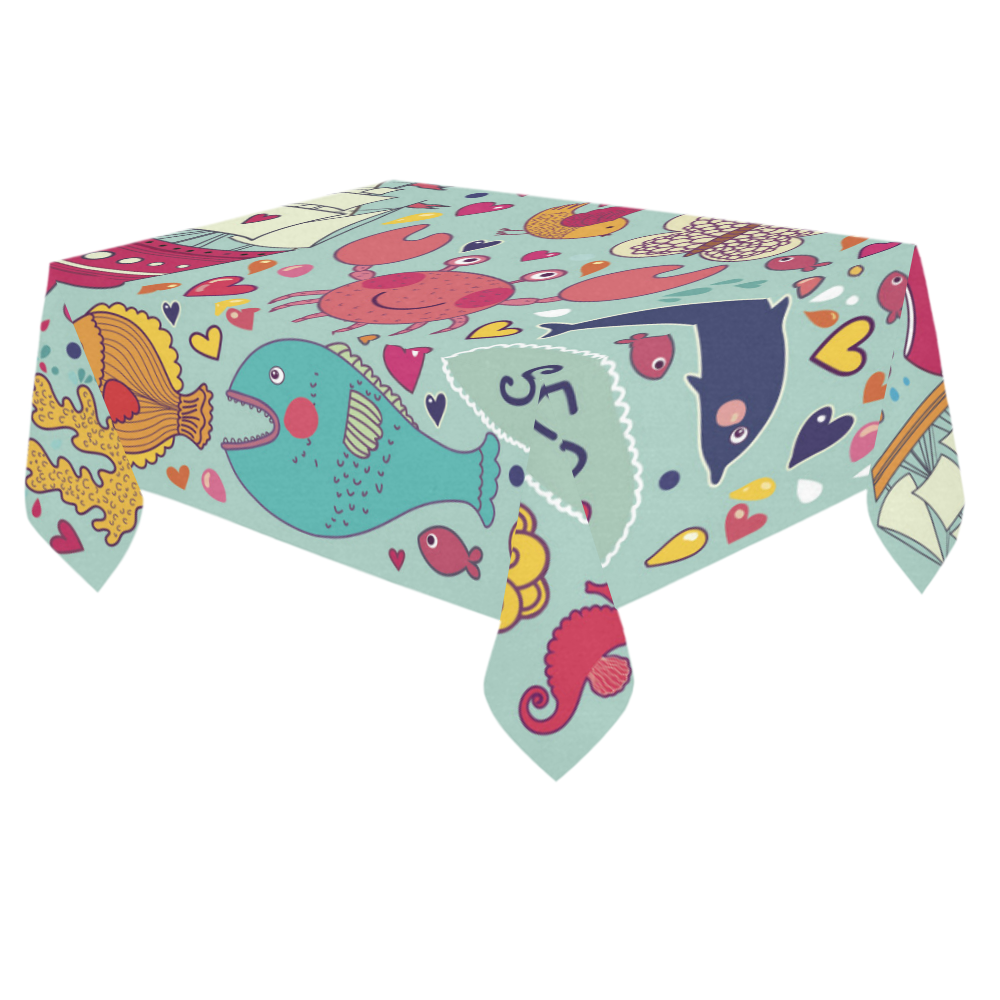 Cute Cartoon Sea Animals Summer Love Cotton Linen Tablecloth 60"x 84"