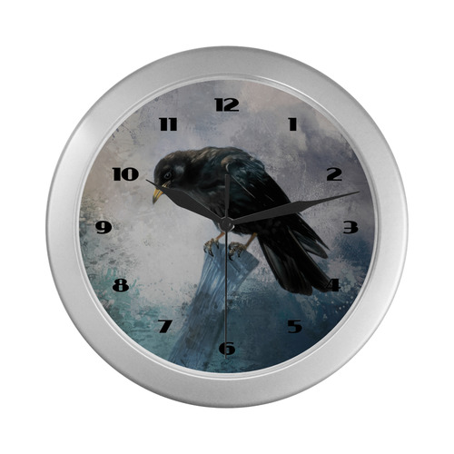 A beautiful painted black crow Silver Color Wall Clock