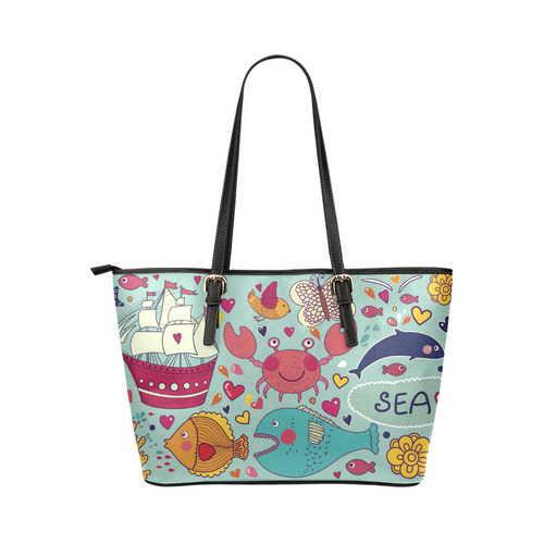 Cute Cartoon Sea Animals Summer Fun Leather Tote Bag/Small (Model 1651)
