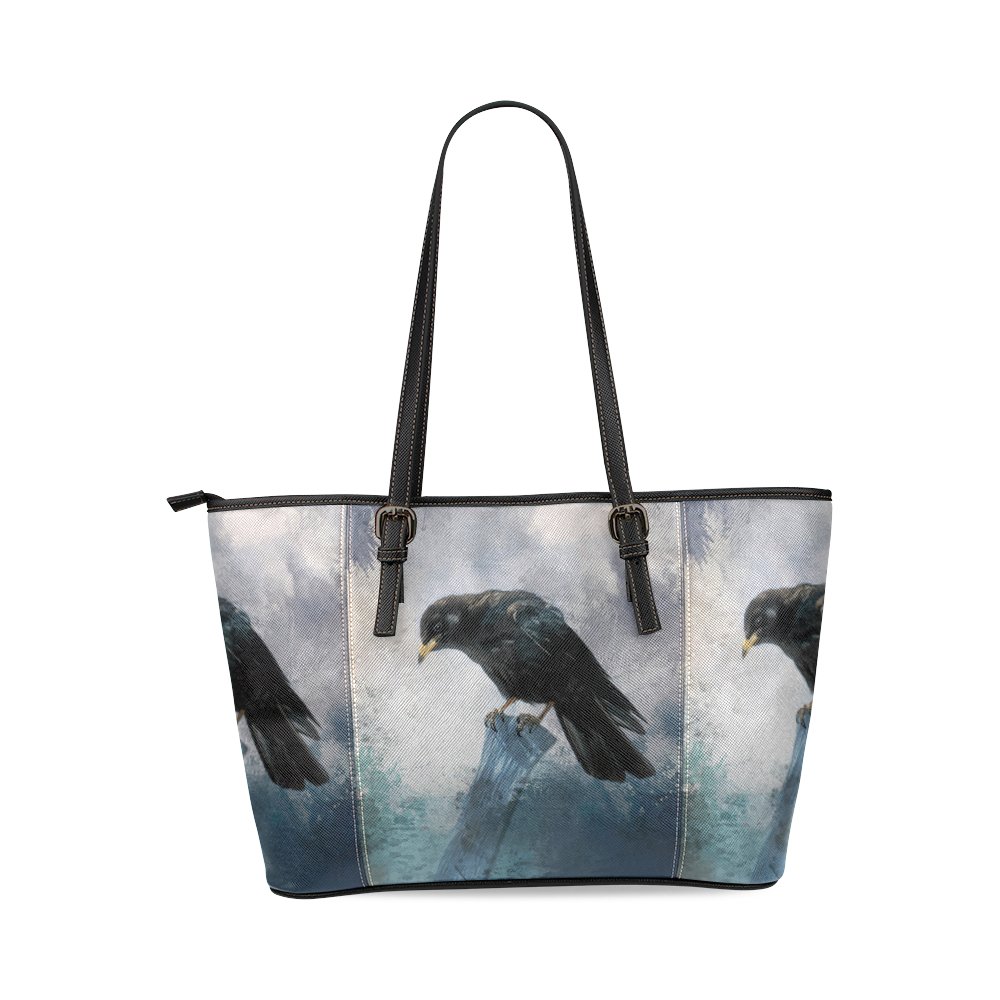 A beautiful painted black crow Leather Tote Bag/Large (Model 1640)