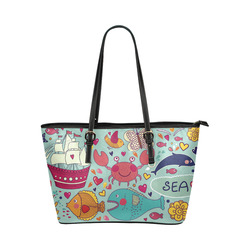 Cute Cartoon Sea Animals Summer Fun Leather Tote Bag/Small (Model 1651)