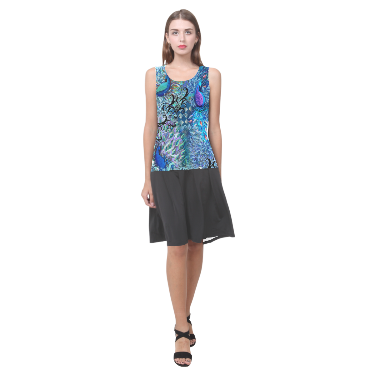 Peacock Drop Waist Print Dress Sleeveless Splicing Shift Dress(Model ...