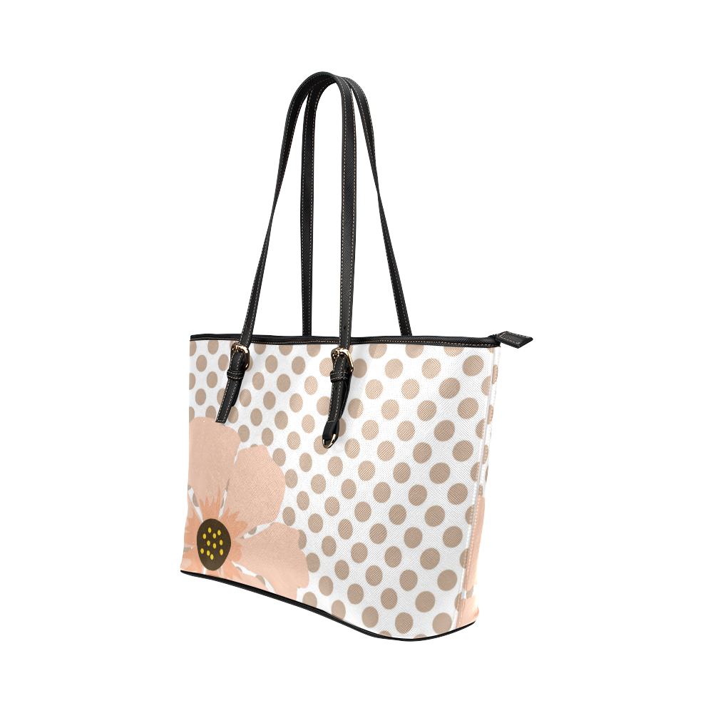 Brown White Polka Dots with Peach Flower Leather Tote Bag/Small (Model 1651)
