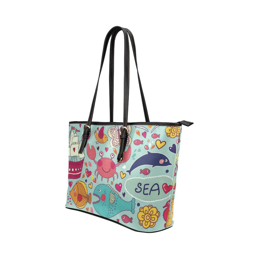 Cute Cartoon Sea Animals Summer Fun Leather Tote Bag/Large (Model 1651)