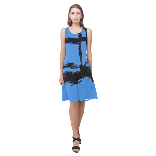 Black Splatter Paint Blue Summer Dress Sleeveless Splicing Shift Dress(Model D17)