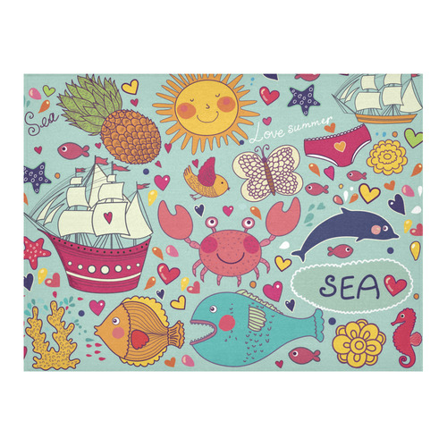 Cute Cartoon Sea Animals Summer Love Cotton Linen Tablecloth 52"x 70"
