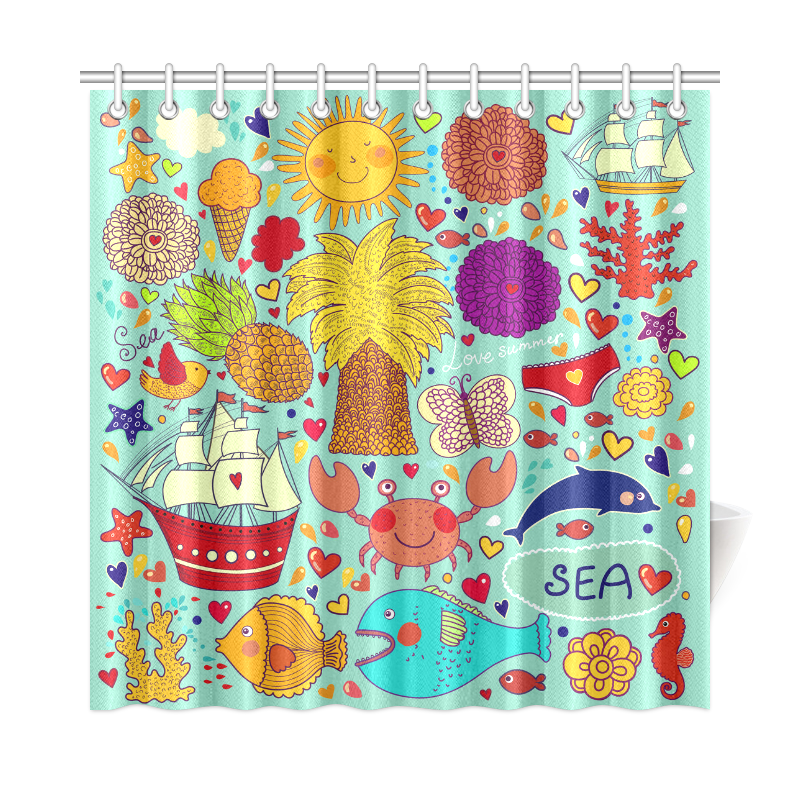 Cute Cartoon Summer Love Fun Beach Fish Sea Shower Curtain 72"x72"