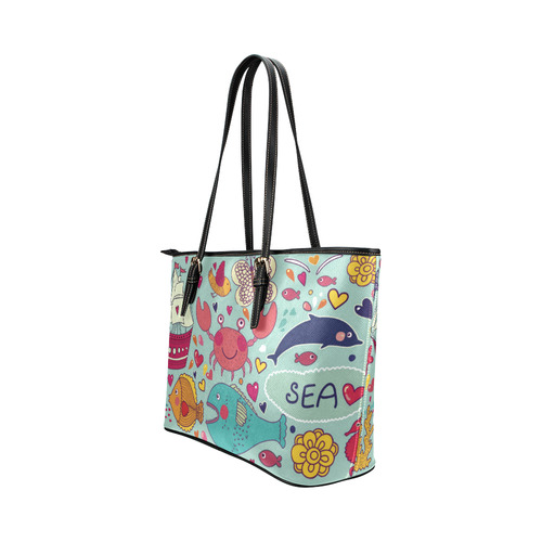 Cute Cartoon Sea Animals Summer Fun Leather Tote Bag/Large (Model 1651)