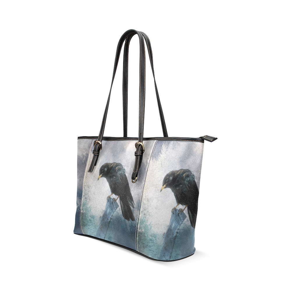 A beautiful painted black crow Leather Tote Bag/Large (Model 1640)