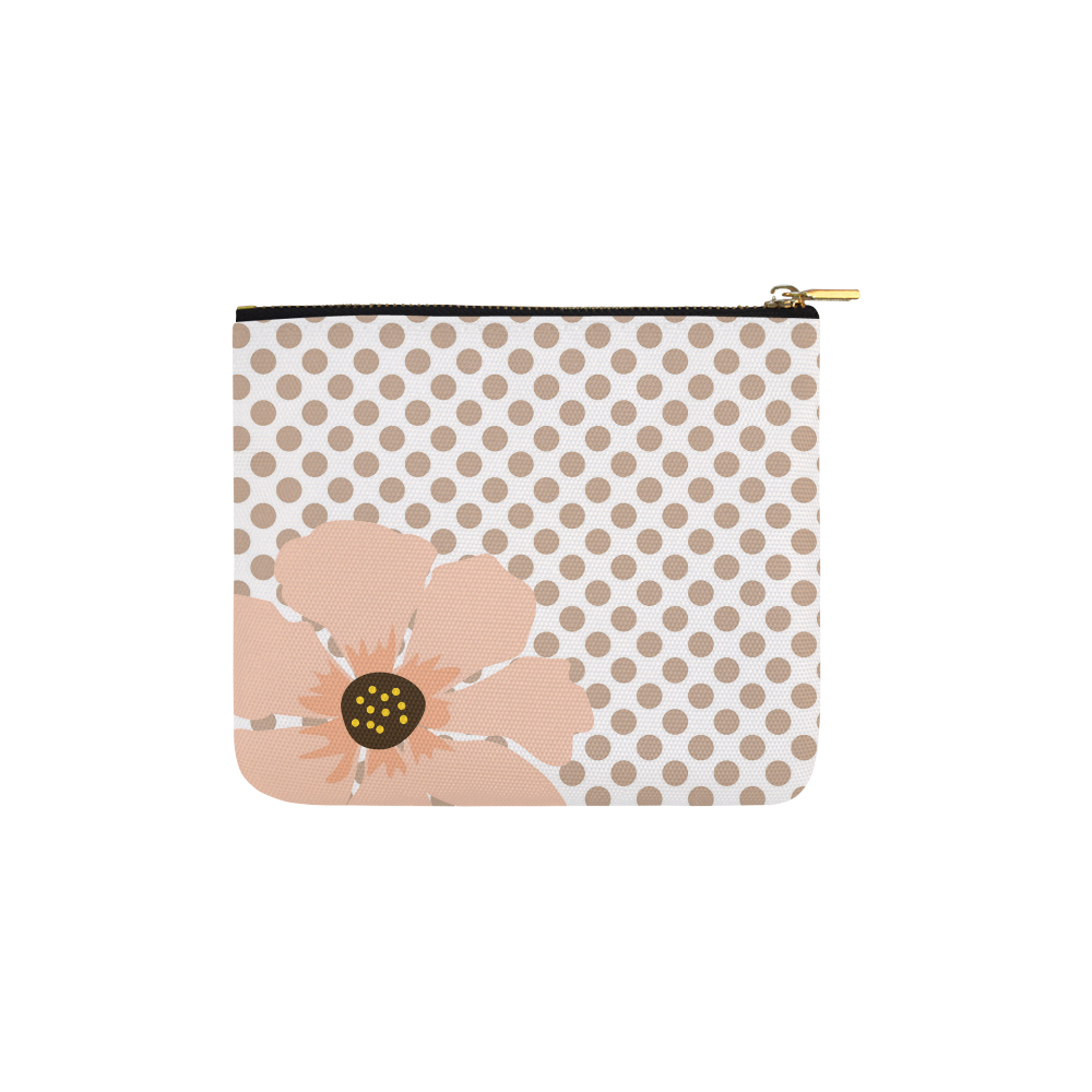 Brown White Polka Dots with Peach Flower Carry-All Pouch 6''x5''