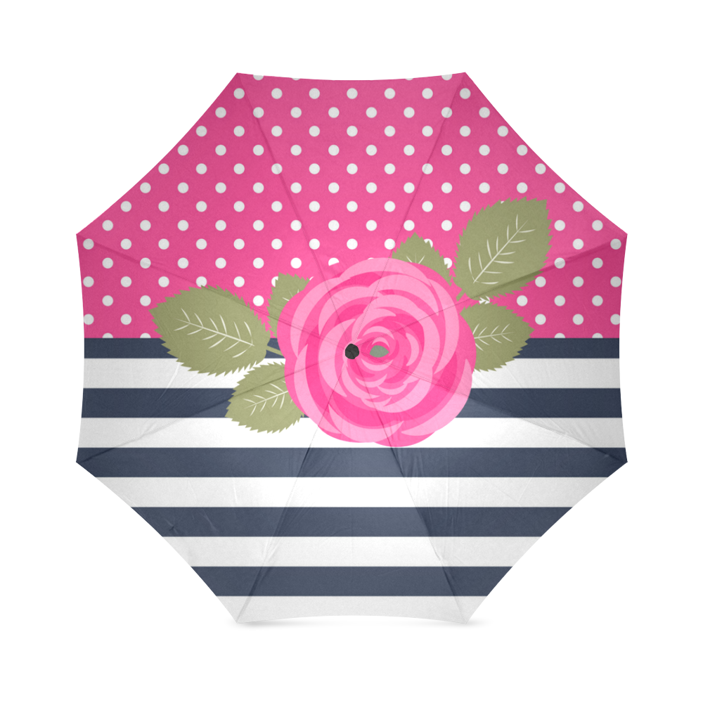 Navy White Stripes, Pink Polka Dots, Pink Rose Flower Foldable Umbrella (Model U01)