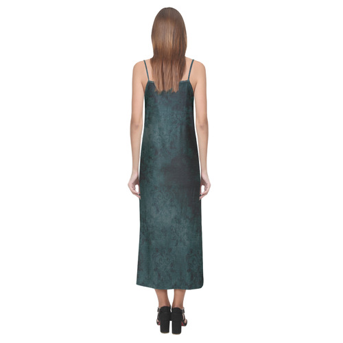 Emerald Green Goth Batik Print V-Neck Open Fork Long Dress(Model D18)