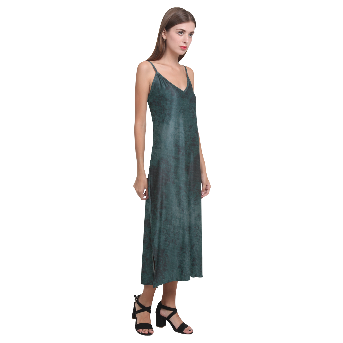 Emerald Green Goth Batik Print V-Neck Open Fork Long Dress(Model D18)