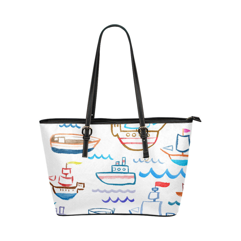 children nautical doodles Leather Tote Bag/Small (Model 1651)