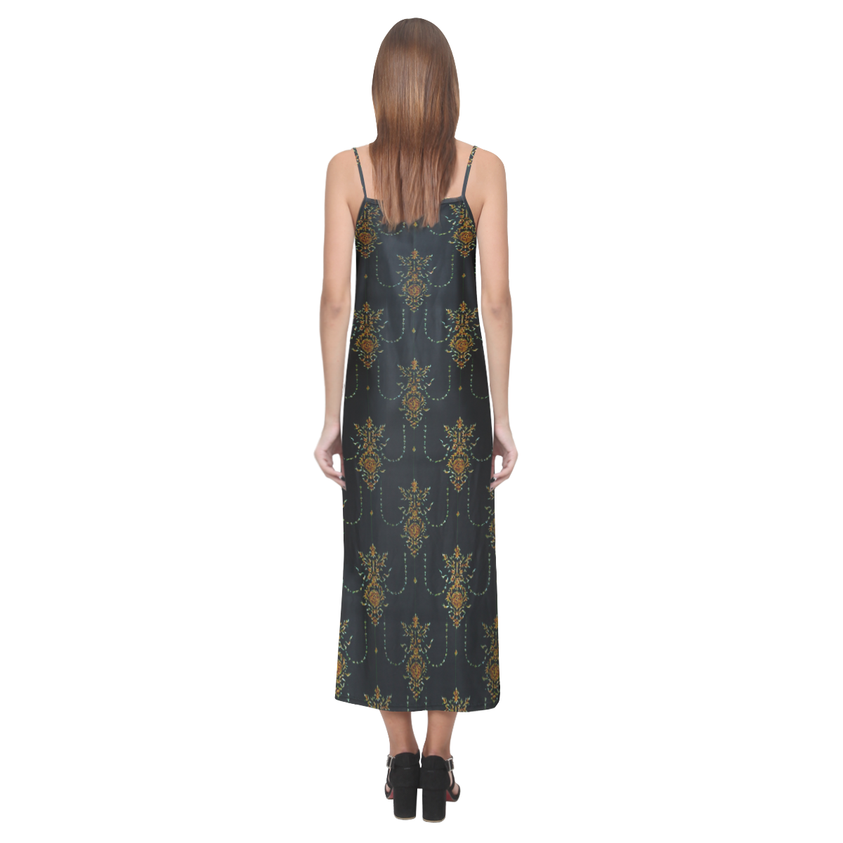 Black Tapestry Gothic Print V-Neck Open Fork Long Dress(Model D18)