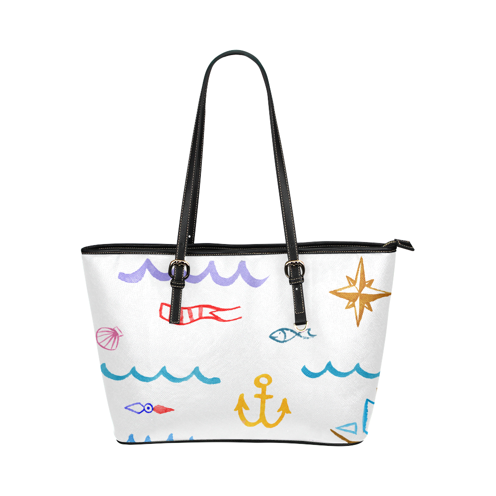 kid doodle nuatical Leather Tote Bag/Small (Model 1651)