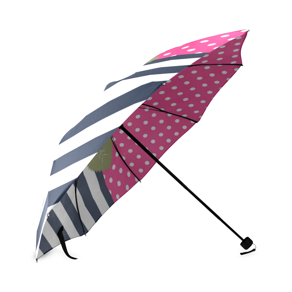 Navy White Stripes, Pink Polka Dots, Pink Rose Flower Foldable Umbrella (Model U01)