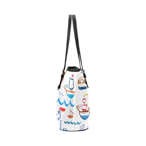 children nautical doodles Leather Tote Bag/Small (Model 1651)